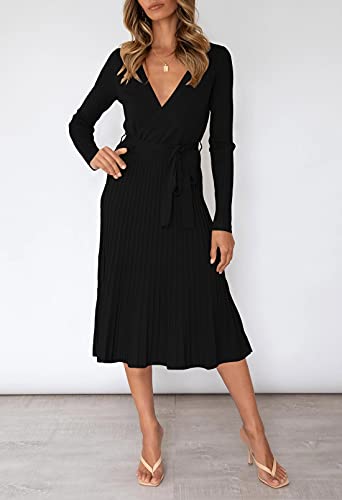 Midi Sweater Dress Women Long Sleeve Wrap V Neck Pleated Frilled Ribbed Bodycon Dresses Black Xl #TOP1