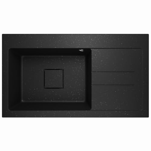 Lavello Lavello in granito nero – Profondità da incasso 88 x 50 cm – 1 vasca con scolapiatti – Antigraffio e reversibile – con scarico nascosto – Set di scarico