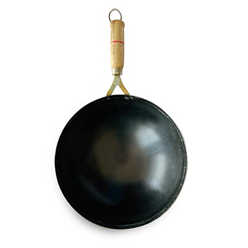 Image of Kichera 11 Inch Pre-Seasoned Iron Wok with Wooden Handle |Chinese Kadhai for Cooking & Deep Frying | Pure Iron Kadai Wok Fry Pan 29cm, 3.1Ltr, 1.2Kg| Gas Compatible | Round Base