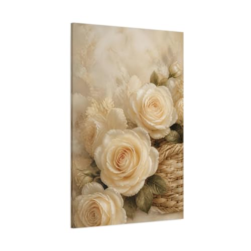Toile imprimée fleurs roses crème grand tableau déco murale salon vertical 80x120