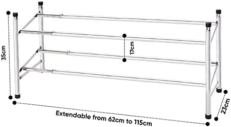 ASAB 2 Tier Metal Shoe Rack | Extendable Shoe Rack | Heavy Duty Metal Shoe Storage Rack | Chrome Finish Boot Trainer Rack | Slim And Stackable | Store 12 Pairs | Ideal For Home Office | Quick Assembly