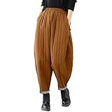 Women Winter Warm Down Cotton Pants Thicker Padded Quilted Pants Relaxed Fit Wide Leg Trousers with Pockets Orange