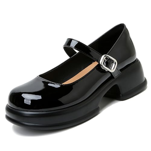 Women's Leather Platform Chunky Mary Jane Shoes Round Toe Adjustable Ankle Buckle Fashion Casual Dress Pumps for Uniform Party Work Date