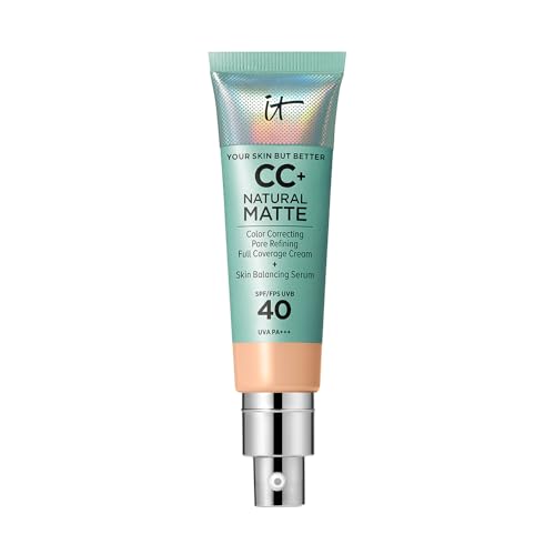 IT Cosmetics Full Coverage Foundation, Natural Matte, Made with Hyaluronic Acid, SPF 40 Protection, Your Skin But Better CC+, Shade: Light Medium, 32ml