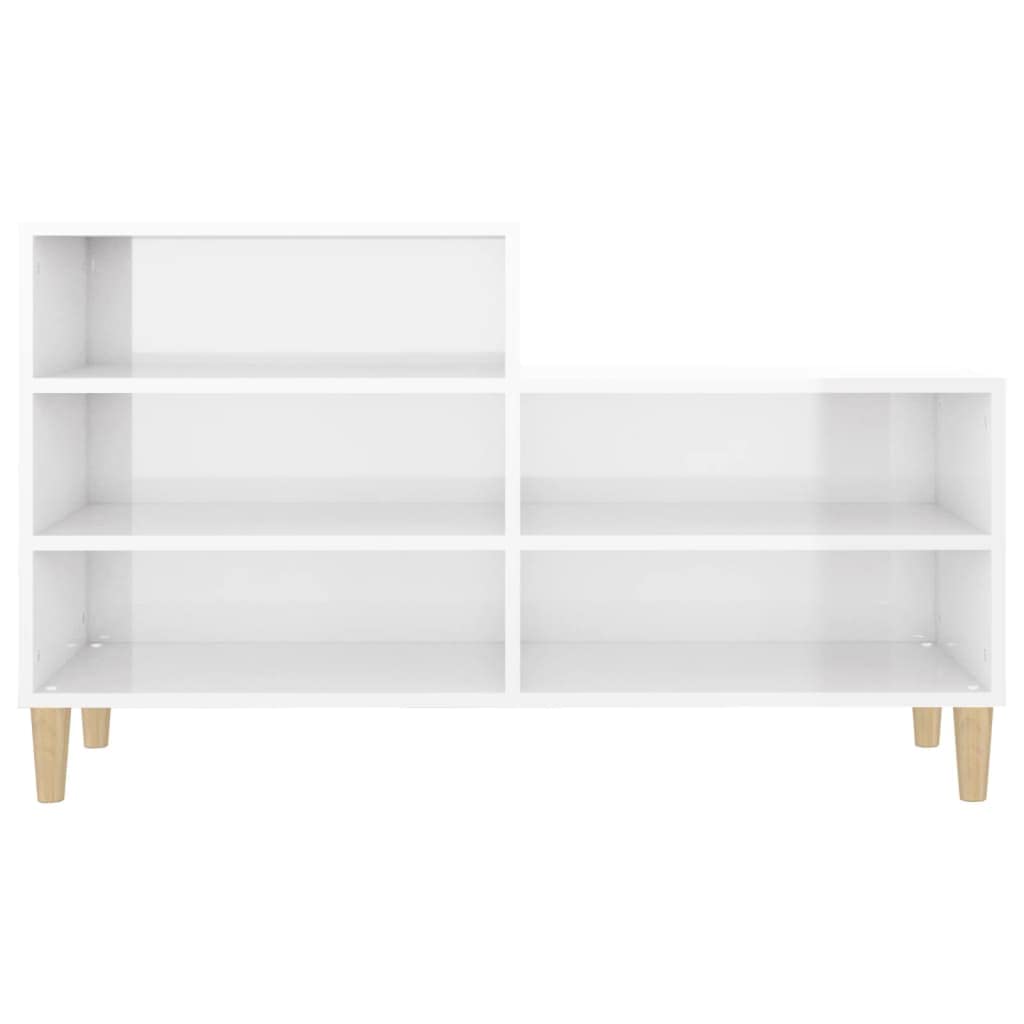 Regał na buty, wysoki połysk, biały, 102 x 36 x 60 cm, materiał drewnopochodny z 5 półkami, drewniane nogi i stabilna górna płyta do przechowywania i organizacji