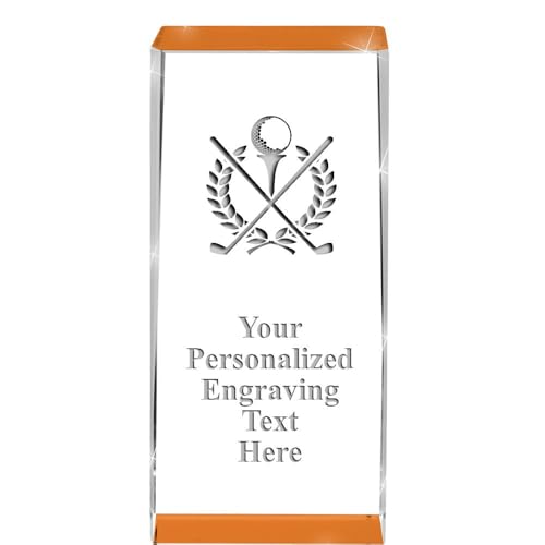 Crown Awards Customizable Crystal Trophy, 4.5" Engraved Golf Clubs Ball and Wreath Orange Spotlight Crystal Award