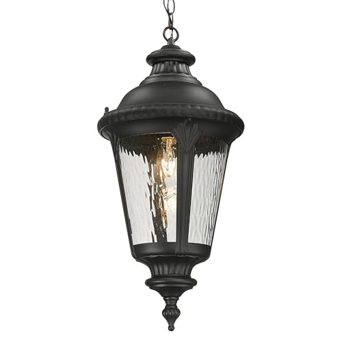 Image of Emliviar Large Outdoor Pendant Lights for Porch, 25 inch Black Exterior Hanging Lantern with Water Ripple Glass, XE265H-SW BK