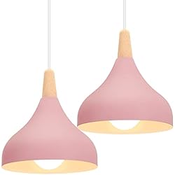 Lamparas Colgantes Forma De Gota iDEGU Lámpara de Techo Retro LED Lámpara Colgante Moderna Estilo Gota E27 Iluminación de techo Vintage en Madera Metal Lámpara moderna para Dormitorio Comedor Cocina, 20cm (Rosa, 2 Piezas)