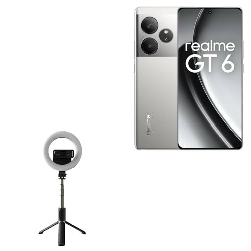 BoxWave Stand and Mount Compatible with Realme GT 6 - RingLight SelfiePod, Selfie Stick Extendable Arm with Ring Light - Jet Black