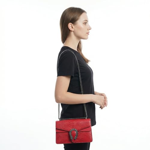 Image of Crossbody Shoulder Square Purse For Women - Fashion Embossed Snake-Print Leather Handbag Metal Chain satchel Tote Bag