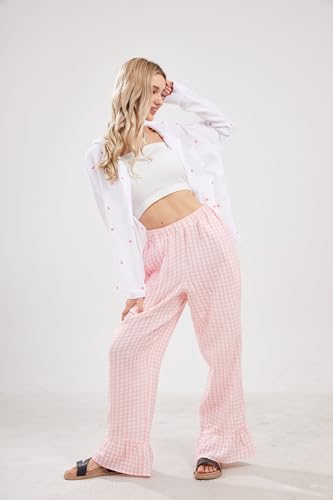 Image of codcm Womens Gingham Pants Wide Leg Lounge Pants Y2k Plaid Print Ruffle Hem Loose Trouser