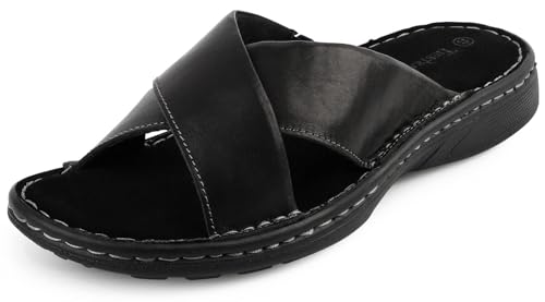 Mens Napa Leather Slides Sandals Soft Cushion Dress Sandals with Memory Foam Footbed Comfortable & Lightweight Summer Beach Indoor & Outdoor Slip On Casual Footwear