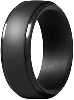 Men's Silicone Ring, Step Edge Rubber Wedding Band, 10mm Wide, 2.5mm Thick (1 Ring - Black, 9.5-10 (19.8mm))