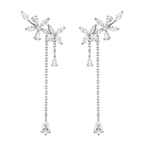 Clip on Earrings non Pierced Fringe Dangle Tassel Drop Cubic Zirconia Flower Teens Girls Silver tone