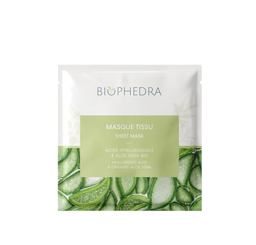 BIOPHEDRA | Masque Visage Hydratant en Tissu – Acide Hyaluronique & Aloe Vera Bio – Anti-Âge, Fermeté & Éclat – Coton Naturel Biodégradable – Cruelty Free – Fabriqué en France