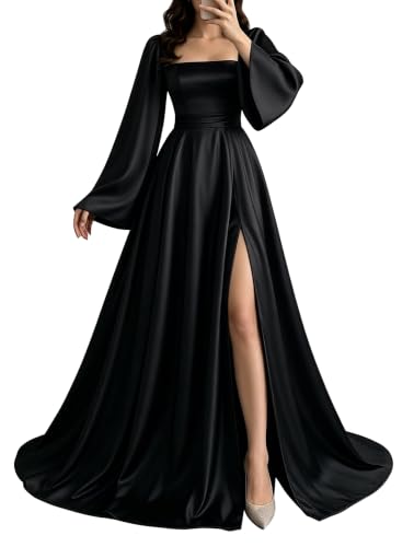 Liopus Square Neck Satin Women's Dresses Black Gown Long Sleeve Satin Black Prom Dress Ball Gown for Women Formal Bridesmaid Dress US26W