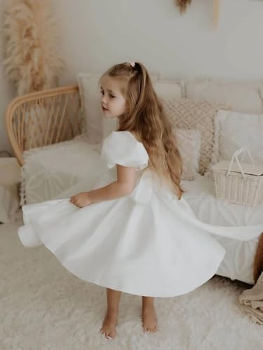 Satin Flower Girl Dress for Wedding Bow-Knot V-Back Dresses Puff Sleeve Jewel Neck Princess Party Long Ball Gowns4