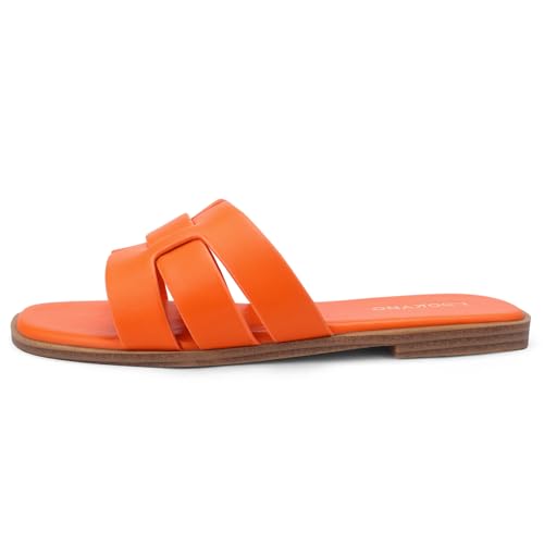 Image of Flat Sandals for Women Comfortable Slip On Dressy Summer Leather Slides with Square Open Toe