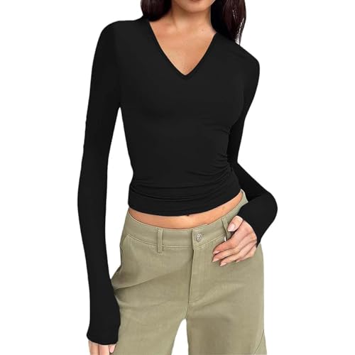 Hanaoops Camiseta Básica Slim Fit para Mujer Cuello en V Tops de Manga Larga Y2K Crop Top Elásticas Casual T-Shirt Elegante Ajustada Blusa Club Party Streetwear