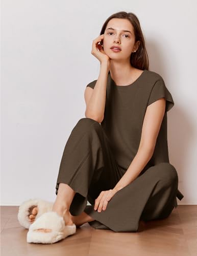 Image of Ekouaer Lounge Sets for Women Two Piece Outfits Knit Cap Sleeve Tops Wide Leg Pleated Pants Casual Dressy Sweater Sets