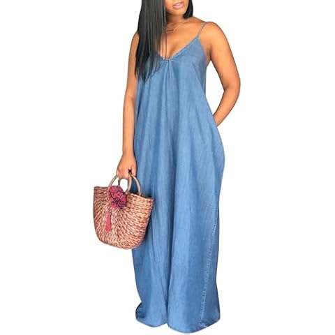 Chuanqi Womens Summer Spaghetti Strap Dresses Casual Denim Deep V Neck Loose Maxi Dress (Large, Blue) Cover