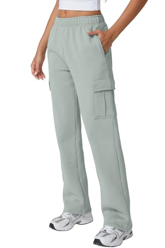 Image of QINSEN Baggy Medium Waist Elastic Sweatpants for Womens Casual Long Fleece Cargo Pants with Pockets