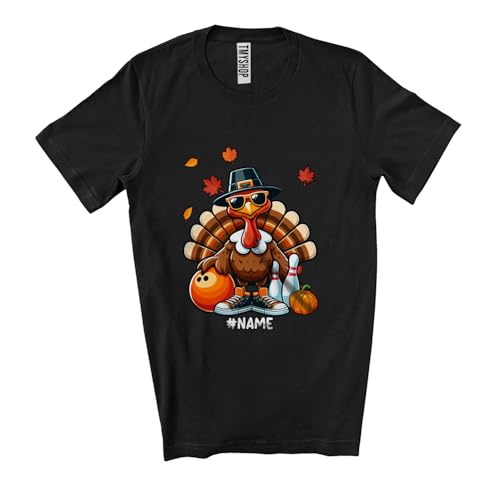 Personalized Turkey Playing Bowling; Amusing Thanksgiving Custom Name Sport Player Team Unisex T-Shirt Black