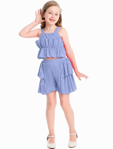 Image of Cute Toddler Girls Two Piece Short Sets Ruffle Sleeveless Top and Elastic Waistband Short Sets