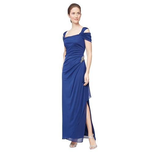 Image of Alex Evenings Women's Long Cold Shoulder Mother of the Bride Dress with Beaded Detail at Hip