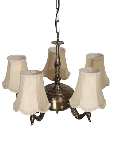 Image of Devansh 05-Light Conical Off-White Cotton Shade Chandelier - Antique Golden Finish | Adjustable Cord | Warm Glow Lamp - Ceiling Light for Living Room, Dining Area, Bedroom & Entryway Decor - D4