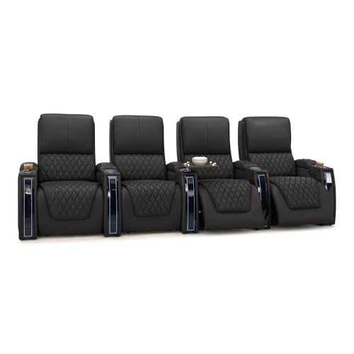 Image of Seatcraft Apex Black Italian Leather Home Theater Seating, Zero Gravity Power Recliner, Powered Headrest and Lumbar Gaming and Home Office Chair, Lounge Sofa Furniture for Cinema Room, Row of 4