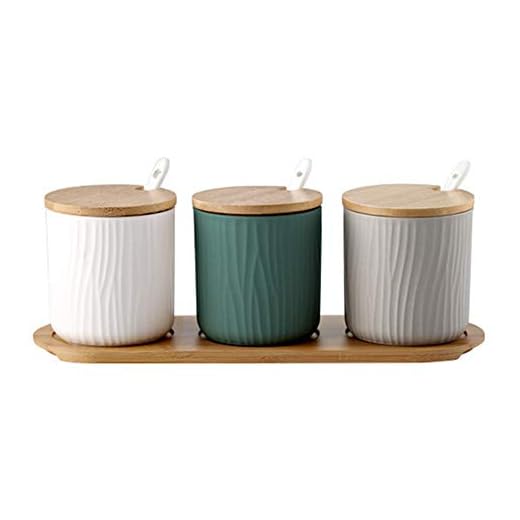 OnePine Juego de 3 Tres Colores Azucarero, azucarero de cerámica azúcar Pot con Tapa de bambú y Cuchara, Cocina