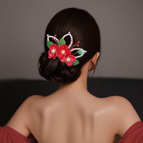 Peine decorativo rojo floral para boda con perlas miniatura 2
