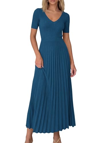 Image of PRETTYGARDEN Women's 2026 Spring Midi Sweater Dresses Elegant Pleated Ribbed Knit Short Sleeve V Neck A Line Summer Outfits