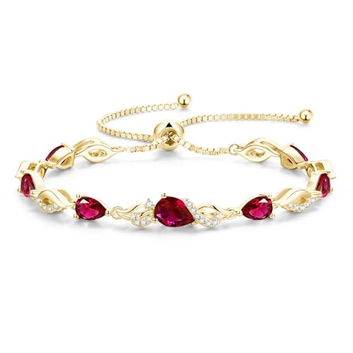FANCIME July Birthstone Teardrop Ruby Tennis Bracelet for Women 14K Gold Plated Sterling Silver Adjustable Slider Bracelet Fine Jewelry Anniversary Birthday Gifts for Women Mom Wife Her