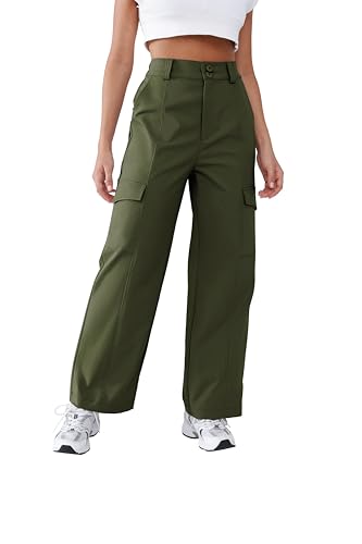 Wide Leg Cargo Pants Women High Waist Waterproof Hiking Pants Stretchy Lightweight Baggy Trousers Work Pants Sage Green