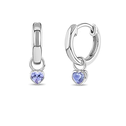 Image of In Season Jewelry Simulated Birthstone Heart Charm Girls Hoop Earrings for Kids - 925 Sterling Silver Little Girl Hoop Earrings - Hypoallergenic & Comfortable with Secure Latch Closure