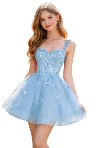 Dydsz Sparkly Sequin Baby Blue Homecoming Dresses Off Shoulder Short Prom Dress for Women A Line Tulle Cocktail Party Dress with Butterfly Size 2 : Clothing, Shoes & Jewelry
