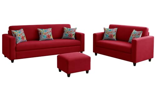 Image of Rosebell 3+2 Fabric Sofa Set with Ottoman | Premium Upholstery 5-Seater Sofa | with Printed Cushions | Living Room Furniture |Red-Color
