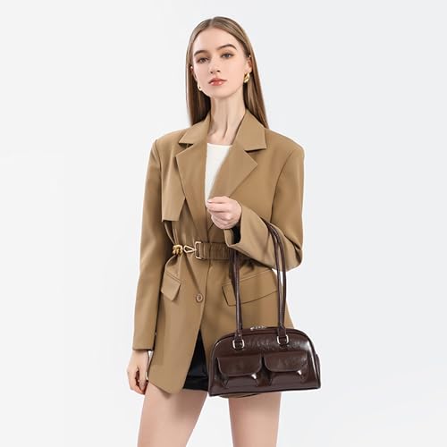 Image of Fozehlad Y2K Shoulder Bag for Women Retro PU Leather Tote Handbag Multi-Pocket Hobo Bag with Zipper for Gifts