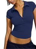 Volemo Women's Summer Sexy Polo Collared Tight Shirts V Neck Cap Sleeve T Shirt Basic Tees Workout Crop Tops Navy S