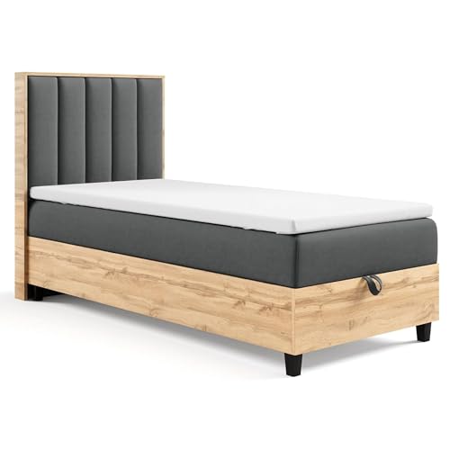 Best For Home - Boxspringbett | Trinity K-10 Plate Einzelbett Mit Bettkasten | Boxspringbett mit Bonellfederkern Und Topper | Boxspringbett 100x200 mit Matratze |Polsterkopfteil | Bett mit Stauraum