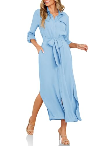 Wenrine Womens Button Down Shirt Dress Casual Chiffon 3/4 Lenght