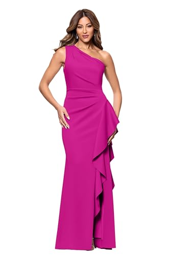 Image of Xscape Women's Floor Length One Shoulder Ruched Waist with Ruffle Bodice Evening Dress with Side Slit