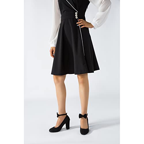 Women's Bow Ankle Strap Pumps Block Heel Round Closed Toe Mary Jane Dress Shoes2