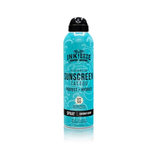 The 12 Best Sunscreen for Tattoos 22 INK-EEZE Tattoo Sunscreen Spray SPF 50, UVA/UVB Blocking, Dries Clear, Ozone Reef Friendly, Vegan,...