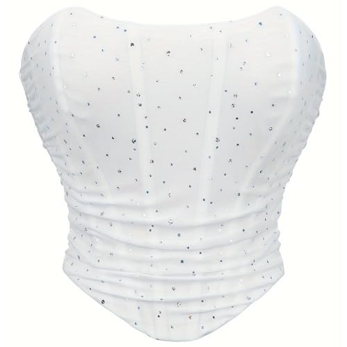 SHYMMUO Women's White Sequin Corset Top – Strapless Glitter Bustier, Sparkly Ruched Tube Top for Party, Clubwear XL