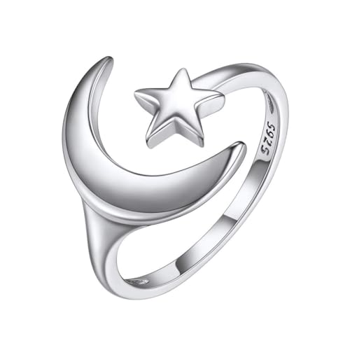 Bague Lune et Etoile Argent Femme - Bague Ouverte Réglable Argent 925 - Bijoux Bague Anneau Original pour Femmes Filles