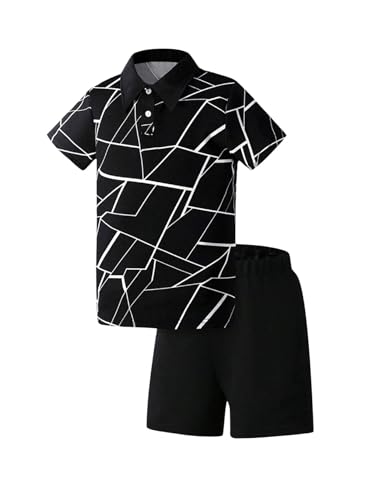Image of WDIRARA Boy's 2 Piece Outfits Clothing Set Printed Button Front Short Sleeve Collar Top and Shorts Set Black and White 9-10Y
