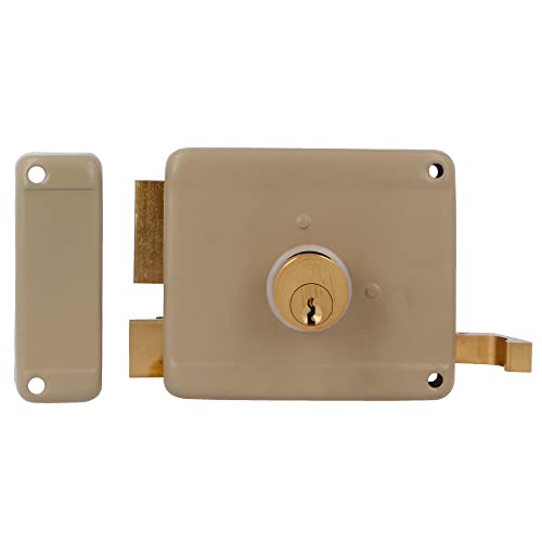 Amig   Cerradura de Sobreponer de Izquierda con palanca de Cierre, Lengüeta y Tirador para Puertas de Madera Mod. 78 100 x 85 mm   Pestillo con Cilindro Redondo de Serreta   Acero Beige